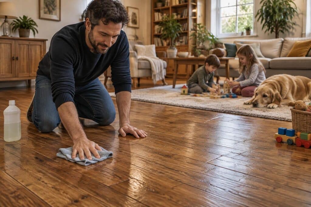 découvrez les bons gestes pour entretenir un parquet ancien au quotidien et le protéger des jeux, des petits accidents et des griffes de votre chien.